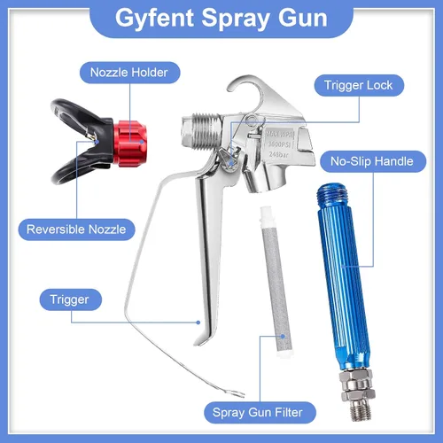 Vista 3 de Kit de pistola pulverizadora de pintura sin aire Gyfent de 14 piezas para bricolaje, pistola de pulverización sin aire de 3600PSI con manguera