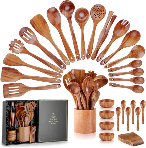 Vista 18 de Zulay Kitchen Juego de 5 cucharas de madera extragrandes - Utensilios de cocina de teca lisa - Cucharón, espátula, espumadera, tenedor, cuchara