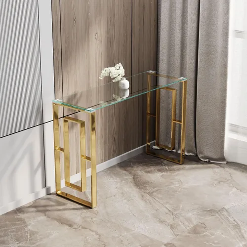 Vista 7 de SSLine Mesa consola de vidrio templado, mesa de sofá de cristal transparente con marco de acero inoxidable, mesas de entrada doradas para pasillo