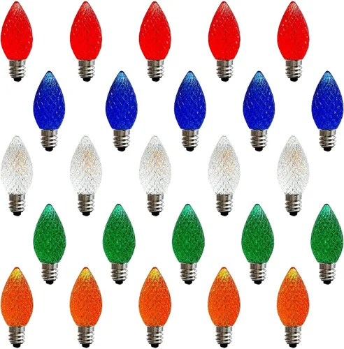 Vista 8 de 25 Pack C7 E12 Purple LED Replacement Bulbs for Outdoor String Lights 0.6W Design, 120V, Dimmable design, IP65 Shatterproof Plastic for Halloween