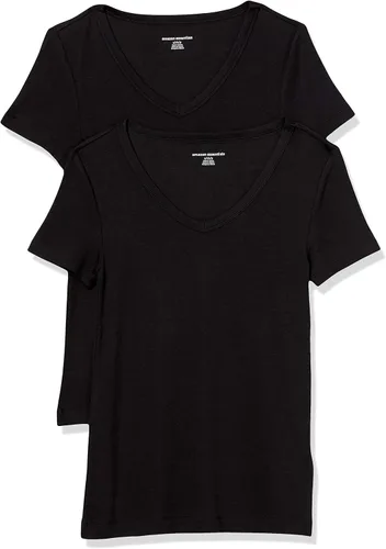 Vista 11 de Amazon Essentials Camiseta ajustada de manga corta con cuello en V para mujer, paquete de 2 Negro