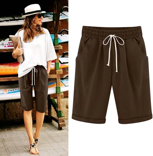 Vista 2 de Pantalones cortos sólidos con control de barriga, casuales, con cordón, cómodos, para mujer, pantalones cortos ligeros de verano para correr 2023
