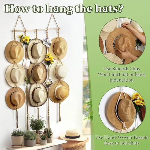 Vista 4 de Organizador de Sombreros de Macramé para Pared 15 Clips 31x53 Pulgadas Colgadores Grandes Exhibidor para Sombreros Fedora para Soporte de Sombreros