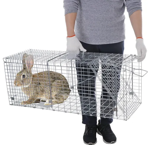 Vista 4 de ANT MARCH Trampa de jaula para animales vivos con guantes de 37 x 13.5 x 14.5 pulgadas, jaula grande de acero para roedores para conejos, gatos