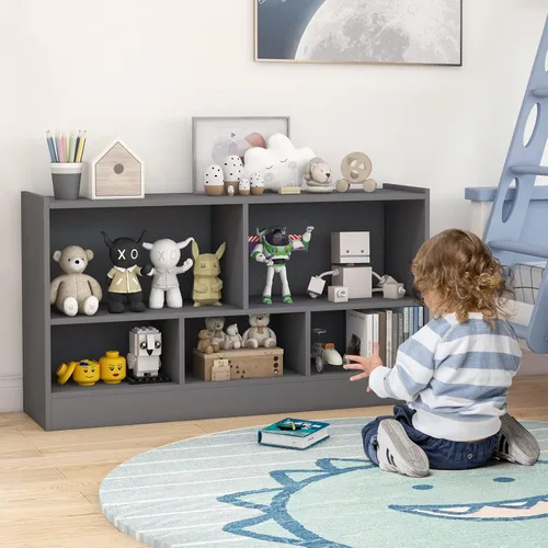 Vista 2 de MEDIMALL Organizador de almacenamiento de juguetes para niños de 5 cubos, estante de almacenamiento de madera de 2 niveles para libros y juguetes