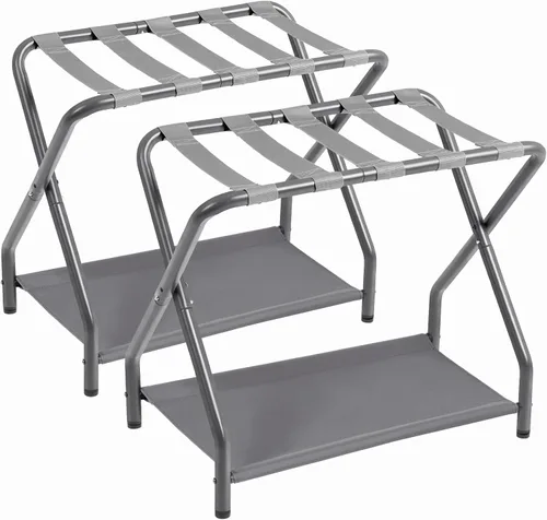 Vista 9 de AMHANCIBLE Portaequipajes, juego de 2, soportes plegables para maleta para habitación de invitados, soporte de equipaje de metal con estante