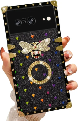 Vista 37 de nancheng Funda para Google Pixel 6 de lujo, diseño de abeja, corazón y abeja, chapado en oro, con anillo de diamante de 360°, correa de cordón