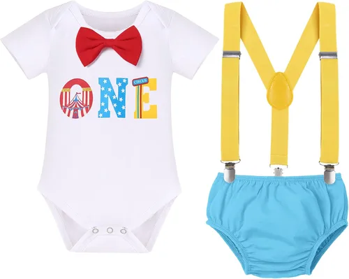 Vista 52 de IBTOM CASTLE Disfraz de carnaval de circo para el primer cumpleaños con temática de carnaval para bebé niño con tirantes y pajarita, sombrero