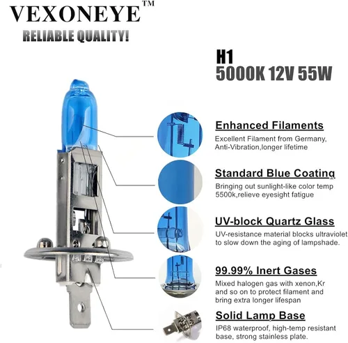 Vista 4 de Foco halógeno H1 para faros delanteros/Luces antiniebla 12V 55W Blanco 5000K 64150 12258 Focos para faros delanteros Super brillantes
