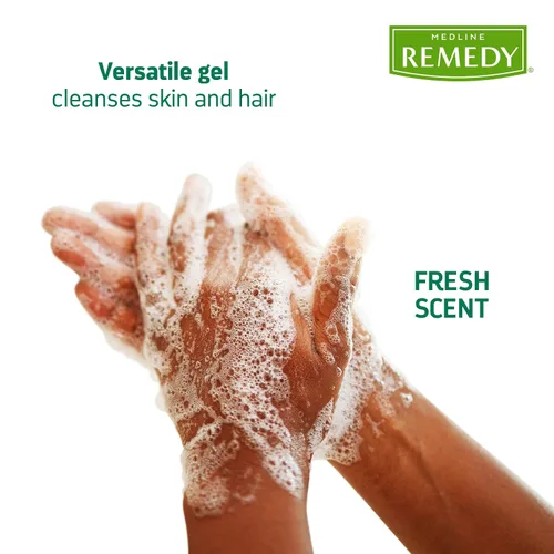 Vista 3 de Medline Remedy ESSENTIALS Champú y gel de baño, 2 onzas líquidas, aroma fresco, limpiador de cuerpo completo con aloe, para adultos y ancianos, gel