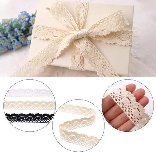 Vista 3 de Cinta de encaje beige de algodón de encaje de ganchillo de costura de encaje para envoltura de paquetes de regalo, suministros de álbumes de recortes