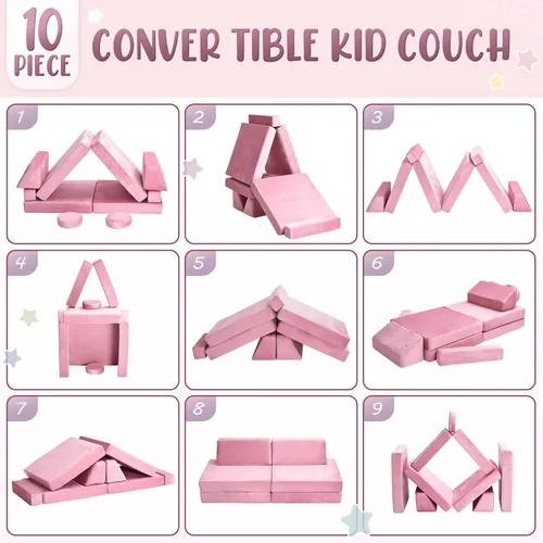 Vista 6 de Sofá de juegos para niños, sofá de 10 piezas para sala de juegos y dormitorio, modular para jugar, crear, dormir (rosa)