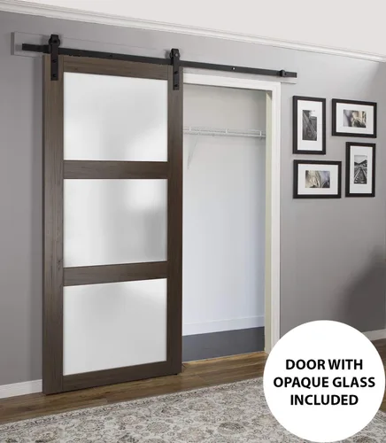 Vista 4 de Panel de puerta de granero de losa de vidrio esmerilado de 42 x 84 pulgadas Lucia 2552 ceniza de chocolate Puertas con acabado resistente