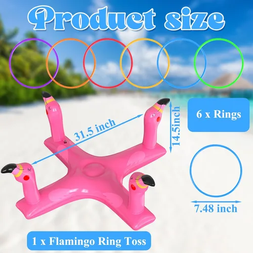 Vista 2 de Juguetes de piscina, juegos de lanzamiento de anillos de piscina, juguetes inflables de tiburón flamenco con 6 anillos para niños y adultos, piscina