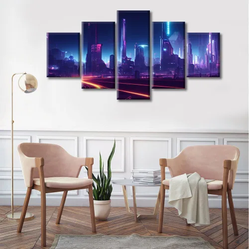 Vista 53 de Cuadros de 5 paneles de Cyberpunk City, arte de pared, representación de vallas publicitarias, edificios modernos en la capital con obras de arte