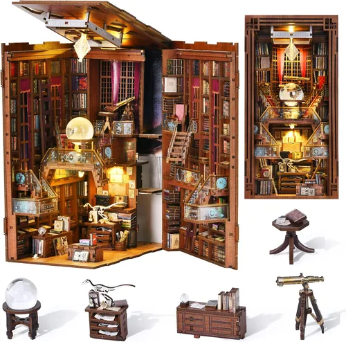 Vista 28 de MiniCity Kit de rincón de libros de bricolaje, escena de madera en miniatura 3D con luces LED, cubierta de polvo y herramientas para decoración