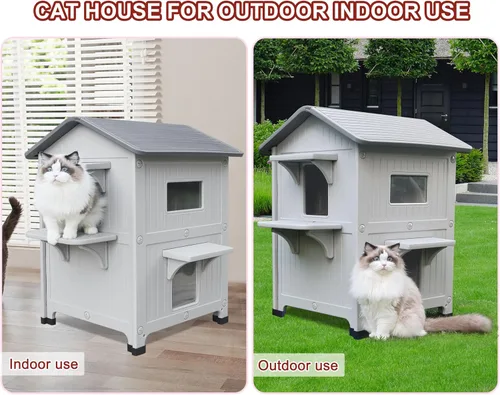 Vista 10 de Rockever Casa de gato con aislamiento de plástico para exteriores con puerta de escape, casa impermeable de 2 pisos para gatos al aire libre