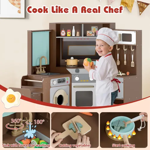 Vista 4 de Cocina esquinera de madera con luces y sonido, electrodomésticos completos y accesorios completos, juego de cocina para salas
