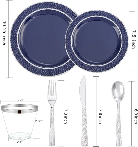 Vista 7 de Ciaell 150 platos de plástico azul y plateado – El plato desechable azul incluye 50 platos, 25 cuchillos, 25 tenedores, 25 cucharas, 25 tazas