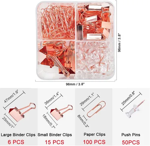 Vista 2 de Clips para carpetas de papel con caja para suministros de oficina, escuela y hogar (oro rosa)