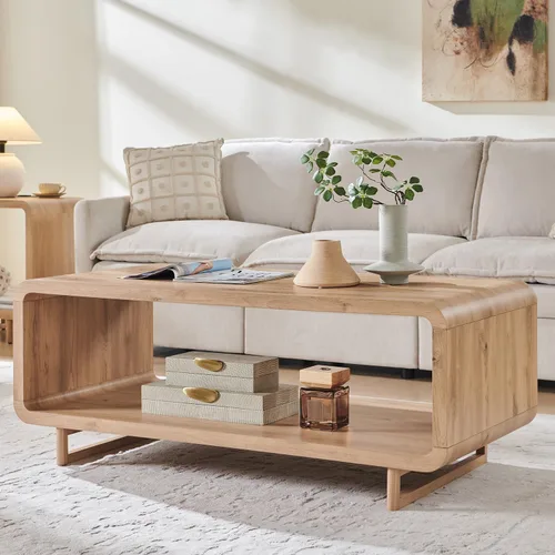 Vista 10 de IFGET Mesa de Centro Moderna de 48", Mesa Central Minimalista de 2 Niveles con Estante de Almacenamiento, Diseño de Perfil Curvo, Mesa Rectangular