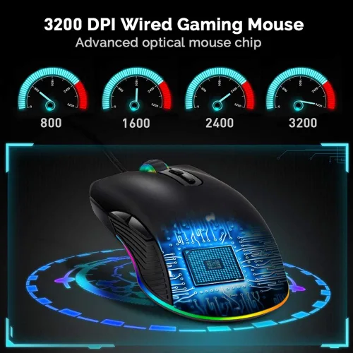 Vista 2 de FIRSTMEMORY - Mouse ergonómico USB C con cable RGB para juegos, óptico con DPI ajustable 800/1600/2400/3200, compatible con portátiles, PC, laptop