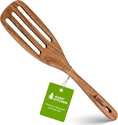 Vista 23 de Espátulas de madera, espátula de cocina plana antiadherente para cocinar, espátula de madera de teca para freír, voltear y girar