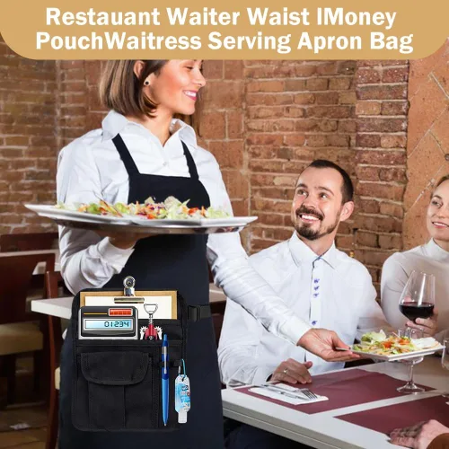 Vista 6 de Delantal de limpieza profesional con 5 bolsillos y cinturón ajustable en la cintura, camarero, chef, camarero, para mujeres y hombres, restaurantes