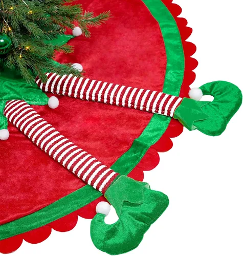 Vista 7 de Valery Madelyn Falda de Árbol de Navidad de Elfo para Decoraciones de Árbol, 36 Pulgadas de Tela Encantadora Roja Verde Pequeña Falda de Árbol