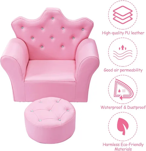 Vista 4 de Sofá para niños de Costzon, sofá tapizado para niños con otomano, sofá de princesa con decoración de diamantes, otomano, silla para niños de PVC