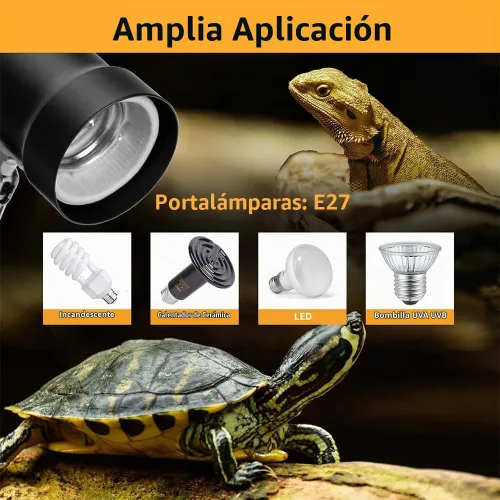 Vista 6 de Lámpara de calor para reptiles con abrazadera giratoria de 360° con bombilla de calor UVA UVB de 50 W, lámpara de calefacción de luz solar simulada