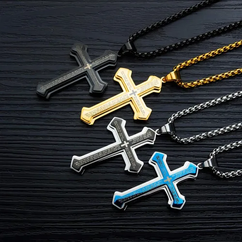 Vista 3 de Collar con colgante de cruz de Jesucristo grande de acero inoxidable para hombre con cadena bizantina de 22, 24, 26 pulgadas, negrodoradoplata