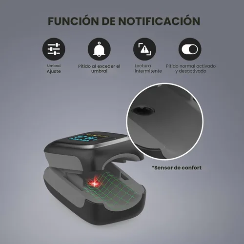 Vista 5 de Vibeat - Oxímetro de pulso de dedo, monitor de saturación de oxígeno en sangre, sensor de O2 de dedo con frecuencia cardíaca, baterías y cordón Negro