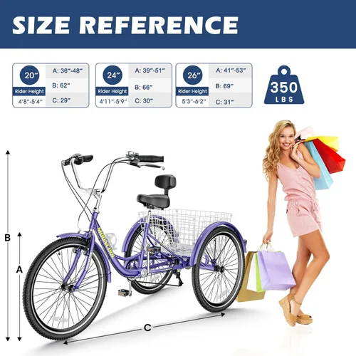 Vista 5 de Barbella Triciclos para adultos, 7 velocidades para adultos, bicicletas de 3 ruedas de 20/24/26 pulgadas, bicicleta de crucero con cesta