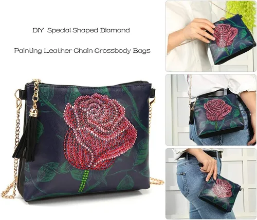 Vista 5 de Kits de pintura de diamantes para niños y adultos, bolso cruzado con cadena 5D con diamantes de imitación de punto de cruz, manualidades
