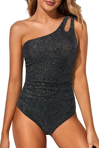 Vista 9 de Women's One Shoulder One Piece Tummy Control Swimsuit Full Coverage Diseño de ojo de cerradura, ajuste de cobertura completa, estilo modesto Negro