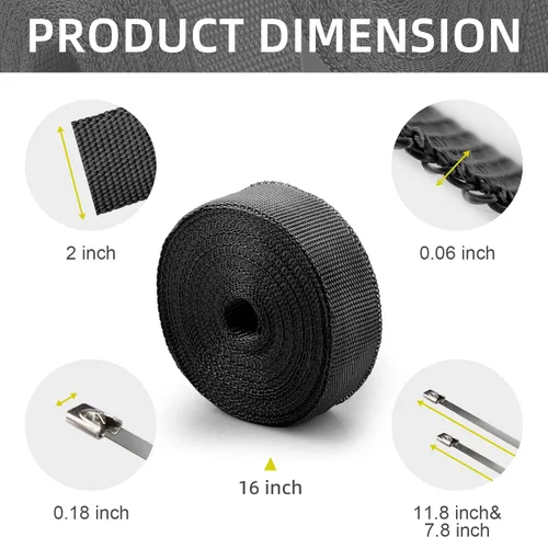 Vista 2 de CARDI Envoltura Térmica de Escape Negra de 2" x 16' de Fibra de Vidrio para Motocicleta con 8 Amarres de Acero Inoxidable Negros y Guantes