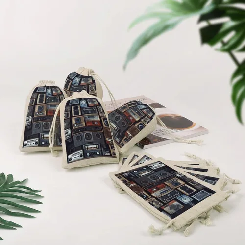 Vista 4 de KLJHNVBM 8-Pack Drawstring Bags, 4.9x6.7 Inch Cotton Linen Small Pouches, Reusable Washable Small Storage Bag Vintage Wall of Radio Boombox Gift Bag