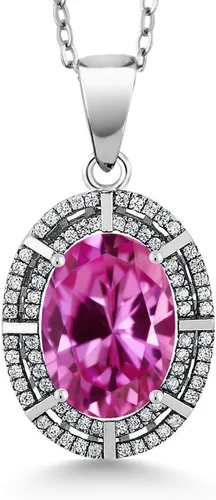 Vista 60 de Gem Stone King Collar con halo de dos filas de 5 a 10 quilates con piedra natal ovalada de 0.55 x 0.39 pulgadas en plata de ley 925 Collar