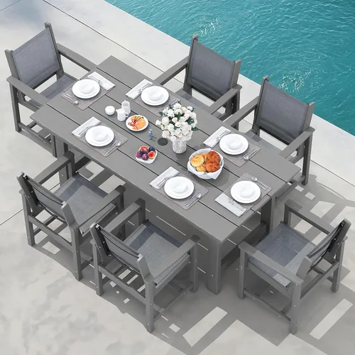 Vista 11 de SERWALL Juego de mesa de comedor de 7 piezas, muebles de comedor de polietileno de alta densidad para exteriores con agujero para paraguas y 6 Negro