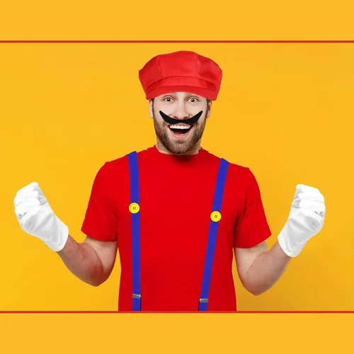 Vista 4 de Kavoc Disfraz de Halloween Super Role Play Bros, incluye sombrero de fontanero, tirantes, guantes, botones de barba para hombres y mujeres
