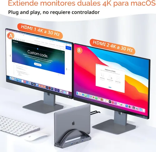 Vista 3 de TobenONE MacBook Pro/Air Docking Station Stand, Dual 4K HDMI, 100W Charger