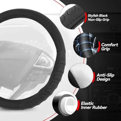 Vista 3 de Funda para volante de Auto Dynasty, protector de volante de auto de cuero de microfibra transpirable con patrón de agarre antideslizante, forro
