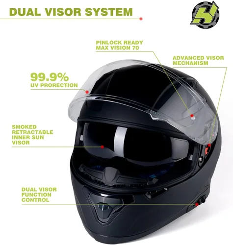 Vista 4 de Hax - Casco integral de motocicleta y de moto de calle con doble aleta trasera y clavos de plástico para Pinlock Ready, para adultos, aprobado por