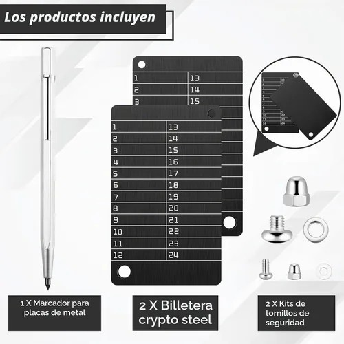 Vista 4 de Hotop - 2 carteras criptográficas de metal y 1 bolígrafo de marca 24 placas de almacenamiento de frases semillas, respaldo de almacenamiento