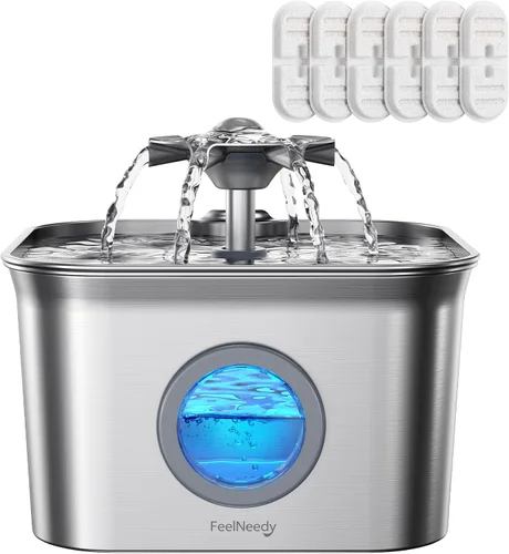 Vista 11 de Fuente de agua para gatos de acero inoxidable, 2.8 L con bomba ultra silenciosa de 20 dB, ideal para mascotas tímidas, ventana LED de nivel de agua