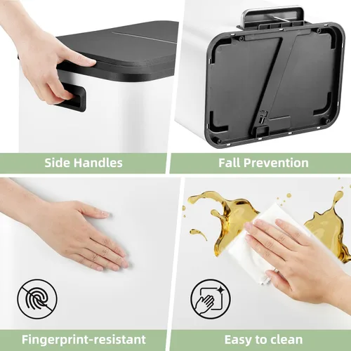 Vista 3 de Cubo de basura rectangular de doble compartimento para reciclaje de cocina con tapa de cierre suave, acero inoxidable de 2 x 4 galones