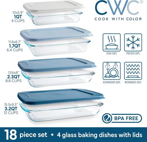 Vista 3 de COOK WITH COLOR - Juego de 8 piezas de refractarios profundos de vidrio con tapas de plástico, para hornear y almacenar alimentos, aptos para Azul