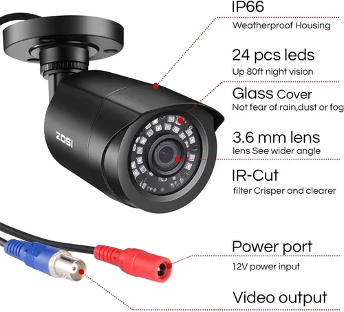 Vista 2 de ZOSI Paquete de 4 1080P 2.0MP para interiores y exteriores de 0.142 in, 24 unidades, lente infrarroja infrarroja, CCTV, cámara de seguridad de corte