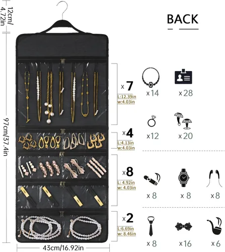 Vista 6 de SMRITI Organizador de joyas colgante con bolsillos dobles con cremallera, lona de doble cara giratoria para colgar collares, organizador de pared